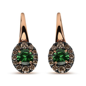 18K Gold 3/8 Carat Brown Diamonds & Green Tsavorite Gemstone Drop Hoop Earrings
